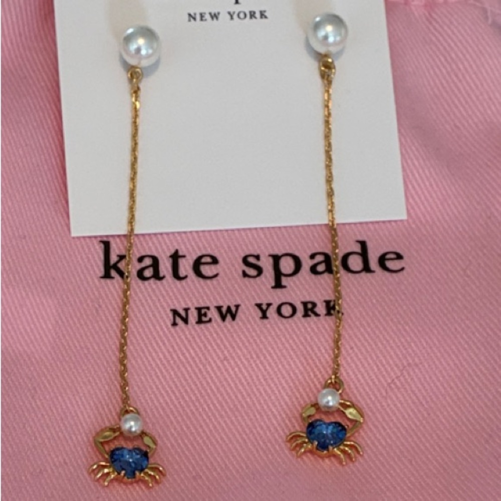 Kate Spade Gold-tone & Pearl Drop Earrings with Blue Crabs Clutching Pearls